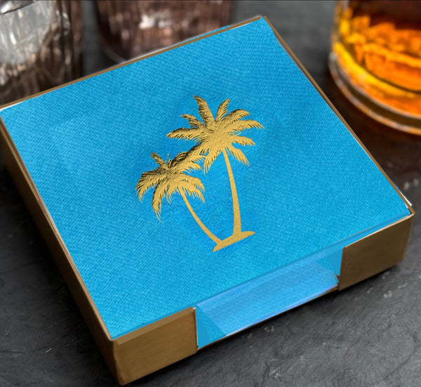 Palm Trees Brass Plated Cocktail Napkin Hostess Set