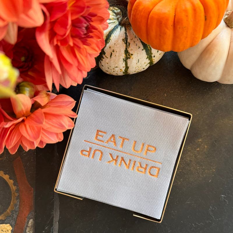 EAT UP DRINK UP Brass Plated Cocktail Napkin Hostess Set