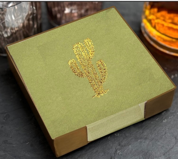 Green Cactus Brass Plated Cocktail Napkin Hostess Set