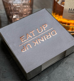 EAT UP DRINK UP Brass Plated Cocktail Napkin Hostess Set