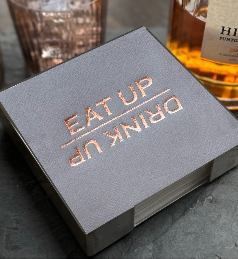 EAT UP DRINK UP Brass Plated Cocktail Napkin Hostess Set