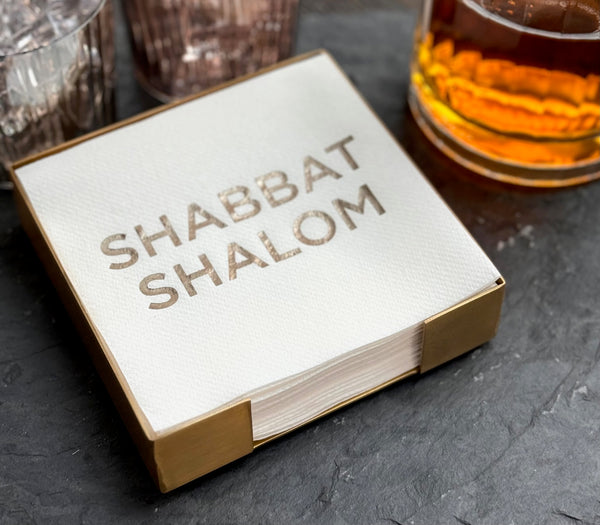 Shabbat Shalom Brass Plated Cocktail Napkin Hostess Set