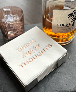 Drink Happy Thoughts Brass Plated Cocktail Napkin Hostess Set
